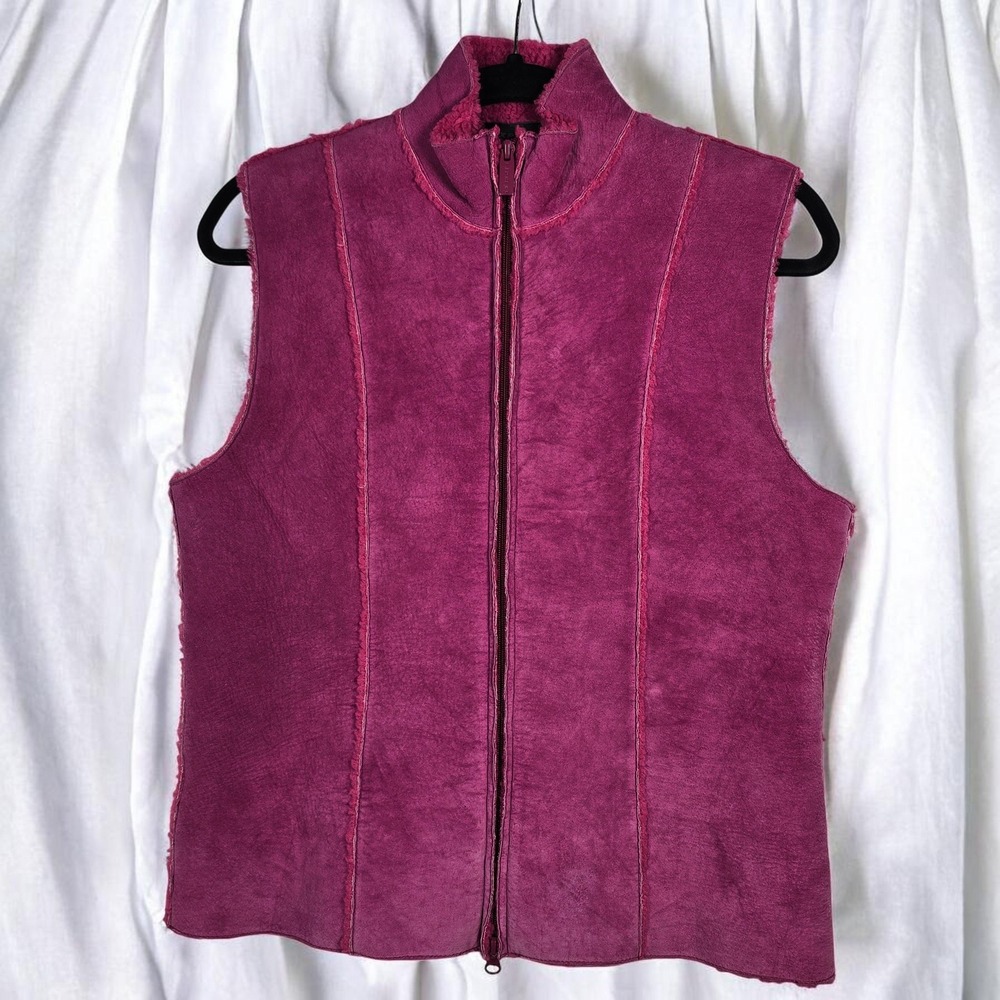 EXPRESS Suede Sherpa Lined Vest Woman Medium Fuchsia Pink Zip Front Bodywarmer‎